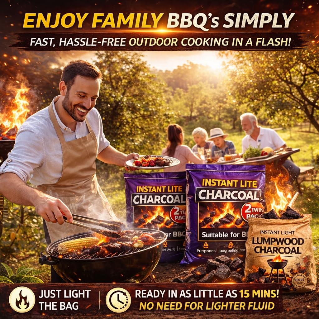 8 x 1.25kg Bags (10kg) Premium Instant Light BBQ Lumpwood Charcoal (4x Twin Packs)