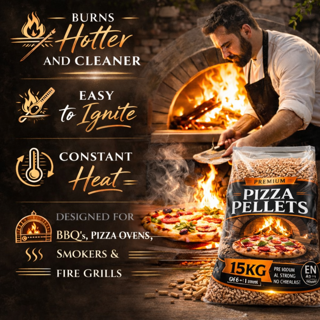 15kg Premium Pizza Hardwood Pellets – for Pizza Ovens, BBQs, Smokers & Fire Grills