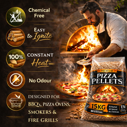 15kg Premium Pizza Hardwood Pellets – for Pizza Ovens, BBQs, Smokers & Fire Grills