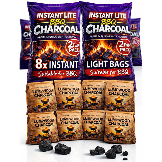 8 x 1.25kg Bags (10kg) Premium Instant Light BBQ Lumpwood Charcoal (4x Twin Packs)