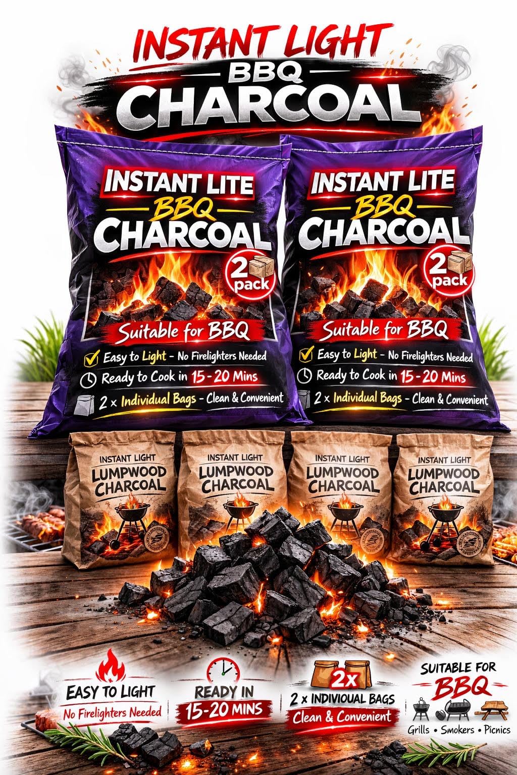 4 x 1.25kg Bags (5kg) Premium Instant Light BBQ Lumpwood Charcoal (2x Twin Packs)