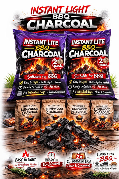 4 x 1.25kg Bags (5kg) Premium Instant Light BBQ Lumpwood Charcoal (2x Twin Packs)