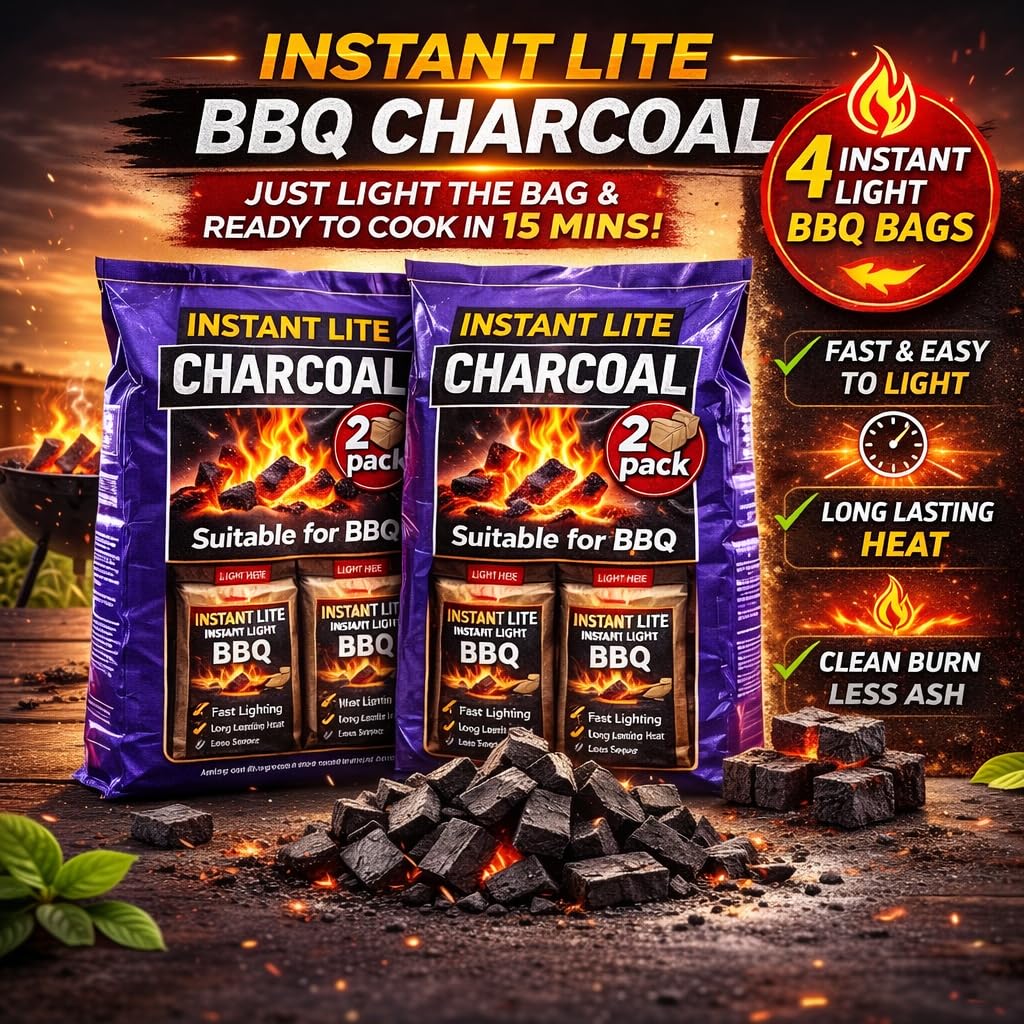 4 x 1.25kg Bags (5kg) Premium Instant Light BBQ Lumpwood Charcoal (2x Twin Packs)