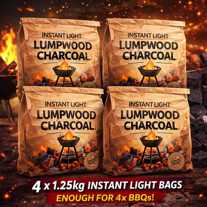 4 x 1.25kg Bags (5kg) Premium Instant Light BBQ Lumpwood Charcoal (2x Twin Packs)