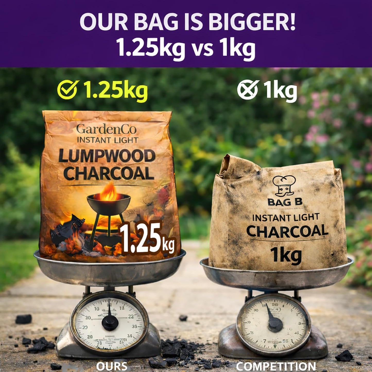 4 x 1.25kg Bags (5kg) Premium Instant Light BBQ Lumpwood Charcoal (2x Twin Packs)