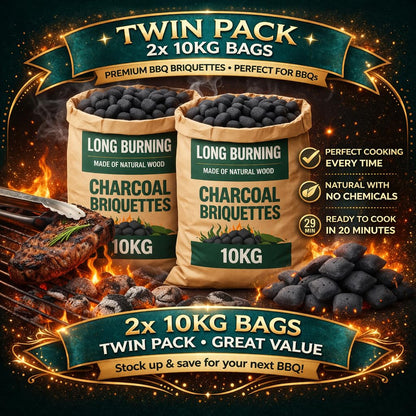 2x 10kg Bag of Premium BBQ Hotter Longer Burning Charcoal Briquettes